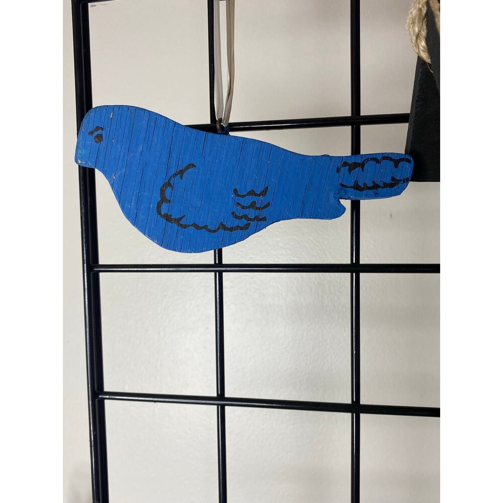 Vintage Blue Wooden Folk Art Bird Ornament Hand Painted Rustic Boho Decor